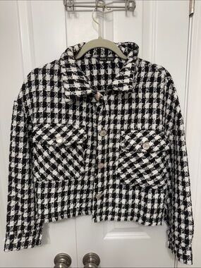 SHEIN Black & White Checked Tweed Jacket with Decorative Buttons
